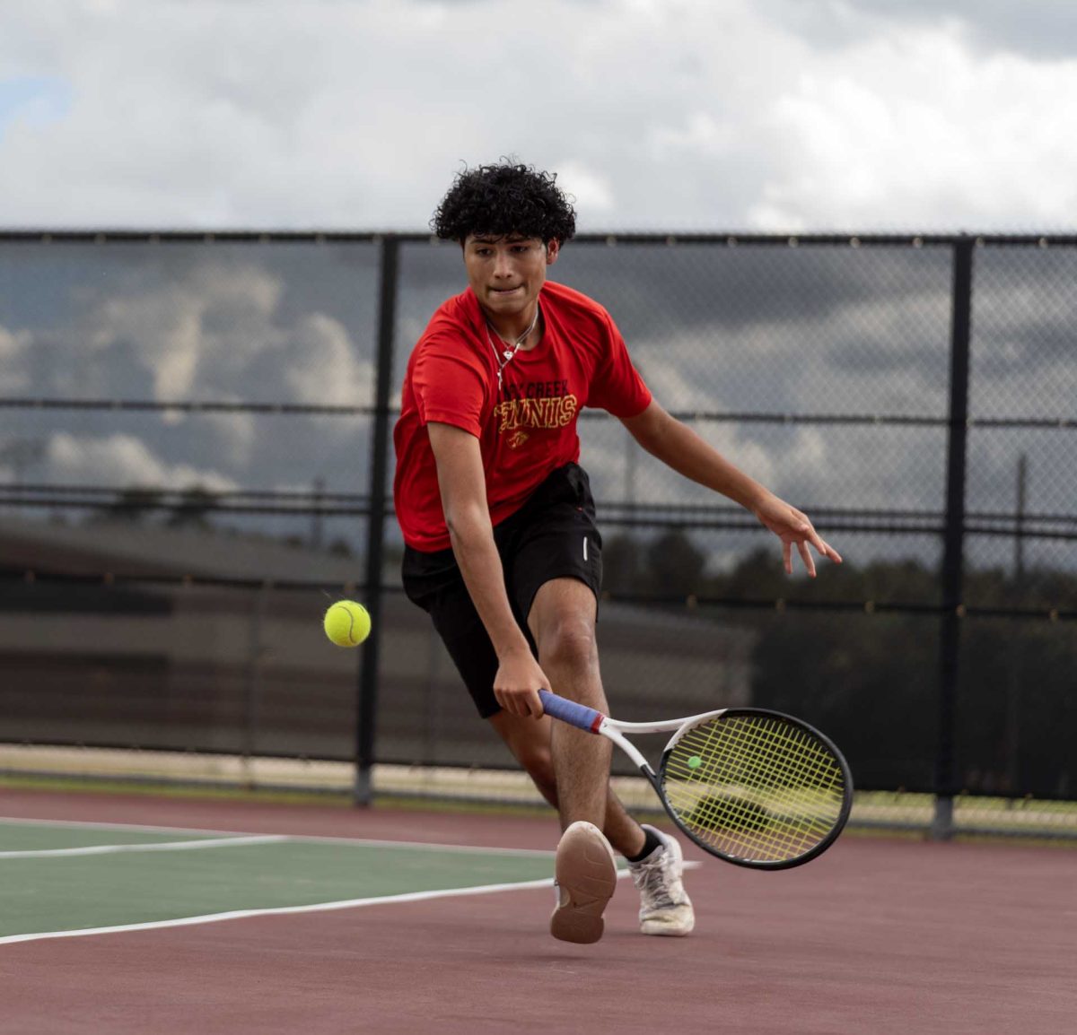 RESCUE. Junior Adrain Gonzalez diving to save the ball during the Oak Ridge game on Thursday, Sept. 23, 2025. Gonzalez put his whole body on the line for the team. “I was reaching for a low ball,” Gonzalez said. “I felt good although we lost, but it felt like a win in my books.” 