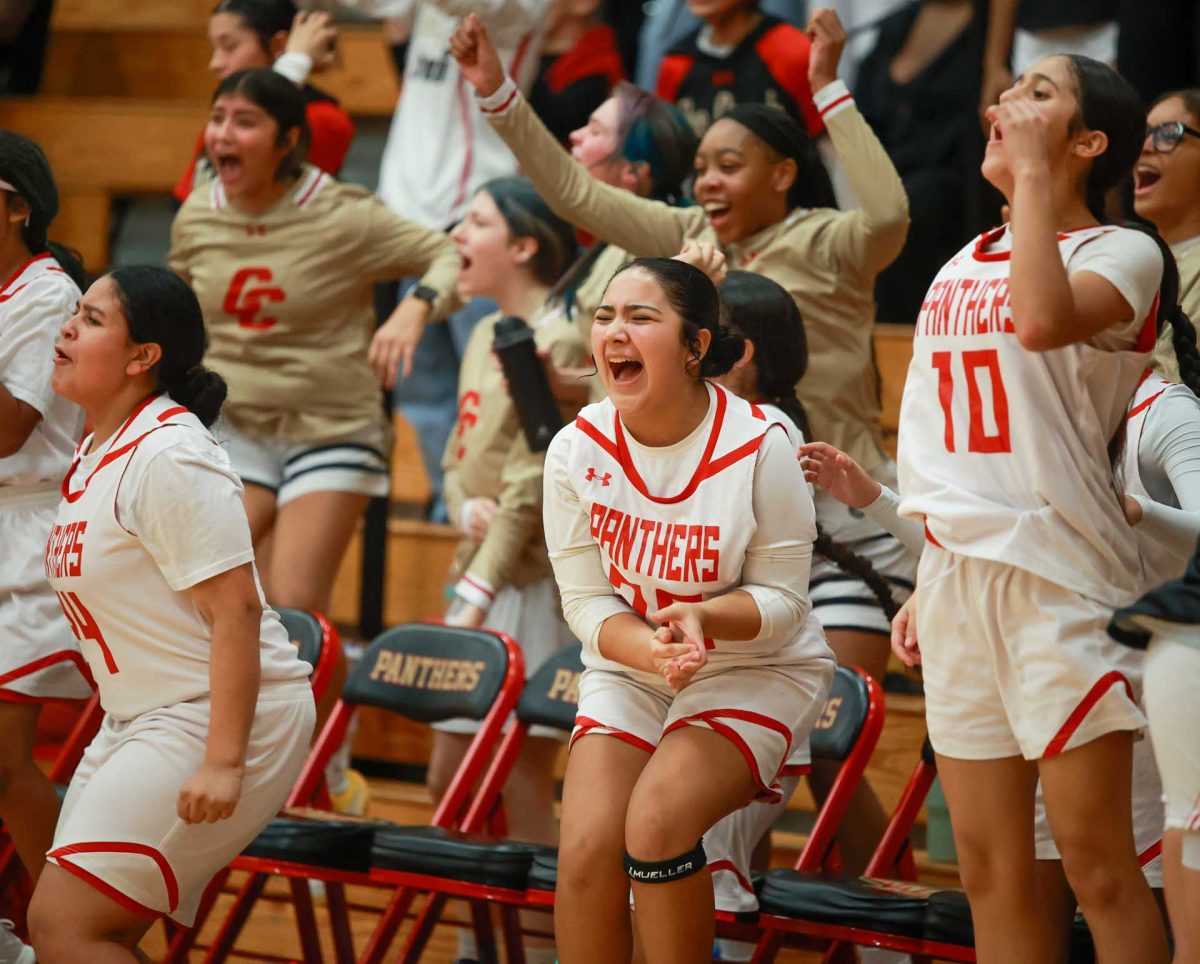 HYPED. Freshman Daliyah Tamayo celebrating when the game ended jumping of joy against Conroe on Jan. 09, 2026. “I’m so happy that we won firstly because this is our biggest rival and also it was an exciting game and winning this game was a big accomplishment,” Tamayo said.