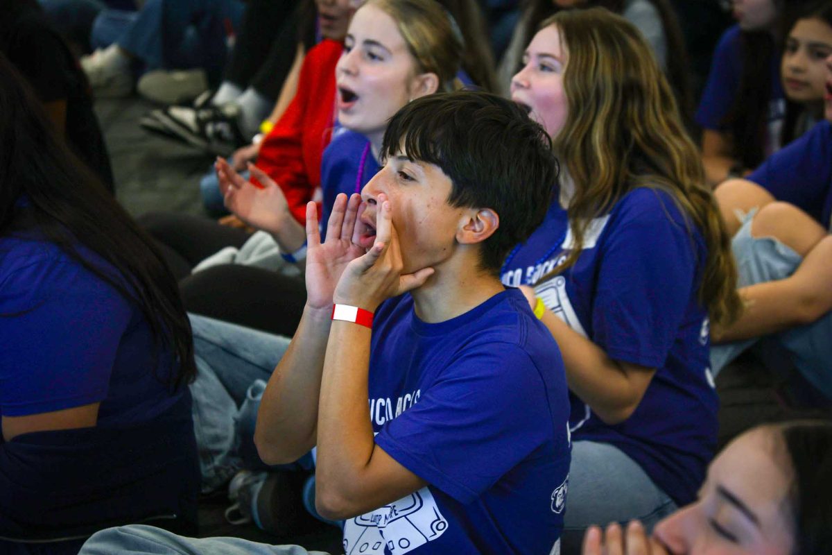 WOO. Junior Gabriel Barcenas shouted “WOO!” when speakers asked for high schools to show spirit during the Mid-Level conference on Monday, Feb. 9, 2026. The students and sponsors were asked to show their spirit when their group would get called. They were separated by 7th graders, 8th grades, high schools and sponsors. 