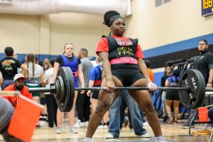 Zia'Yiah Bookman deadlifts at 315 pounds at the New Caney High School invintational meet Jan. 17. Bookman totaled 750 pounds in the 181.5-pound weight class.