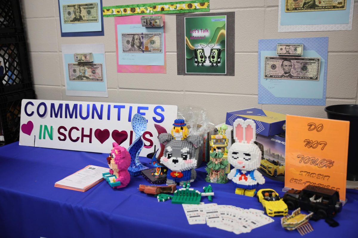 LEARN. A table in the Communities in Schools classroom taken April 22. The table displays group-made puzzles and financial literacy games CIS site coordinator Regina Burks held with students.  