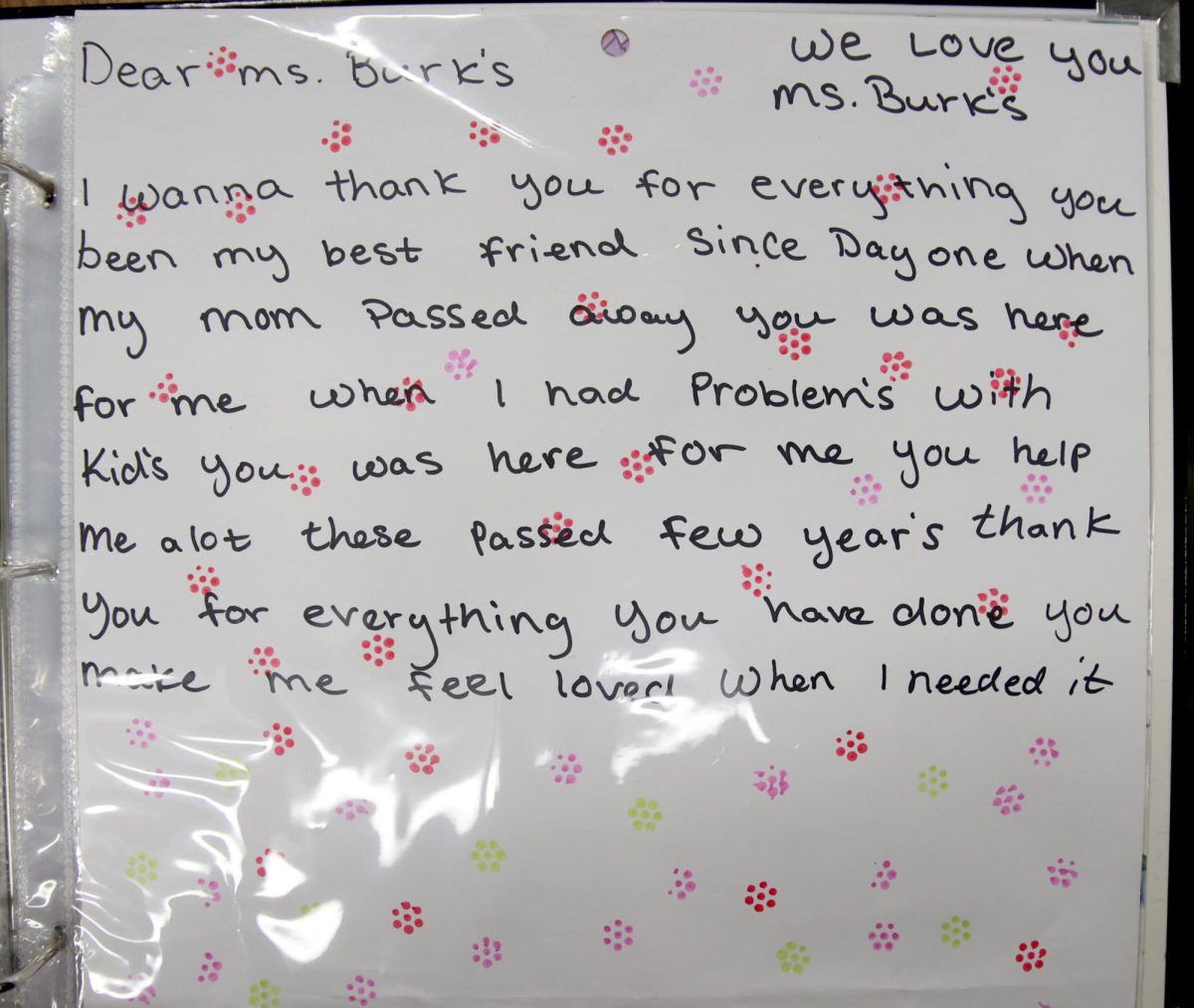 TIMES. A student-written letter inside Communities in Schools site coordinator Regina Burks' scrapbook.